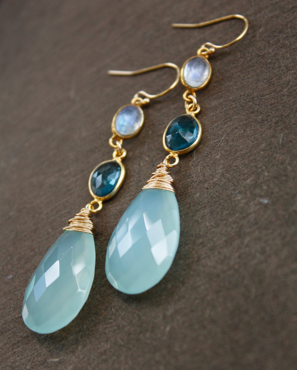 Rainbow Moonstone, London Blue Topaz, Aqua Chalcedony Earrings - 14KT Gold Fill - Something Blue, Summer Weddings