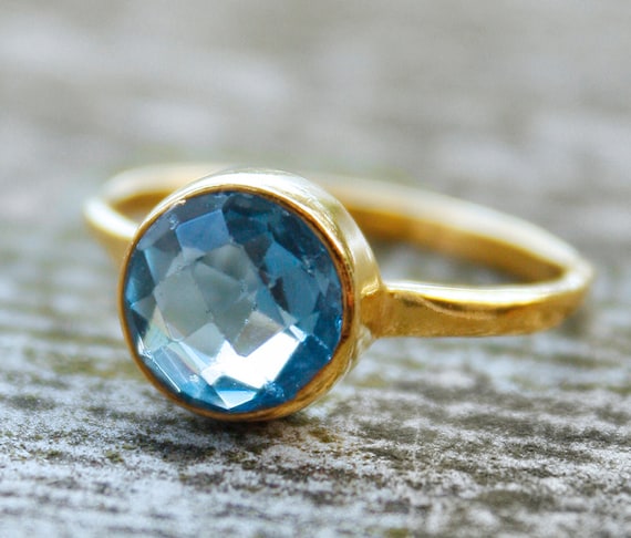 Gold London Blue Quartz Ring - Round Cut - Stacking Ring, December Birthstone