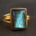 Gold Aqua Green Labradorite Ring - Rectangular Cut - Aurora Borealis, The Northern Lights