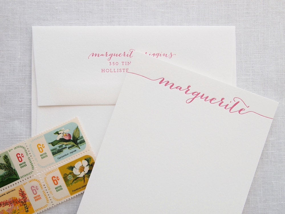 Custom Letterpress Stationery - Swash Calligraphy - Personalized Set of 25 Flat Notes with Return Address Printing