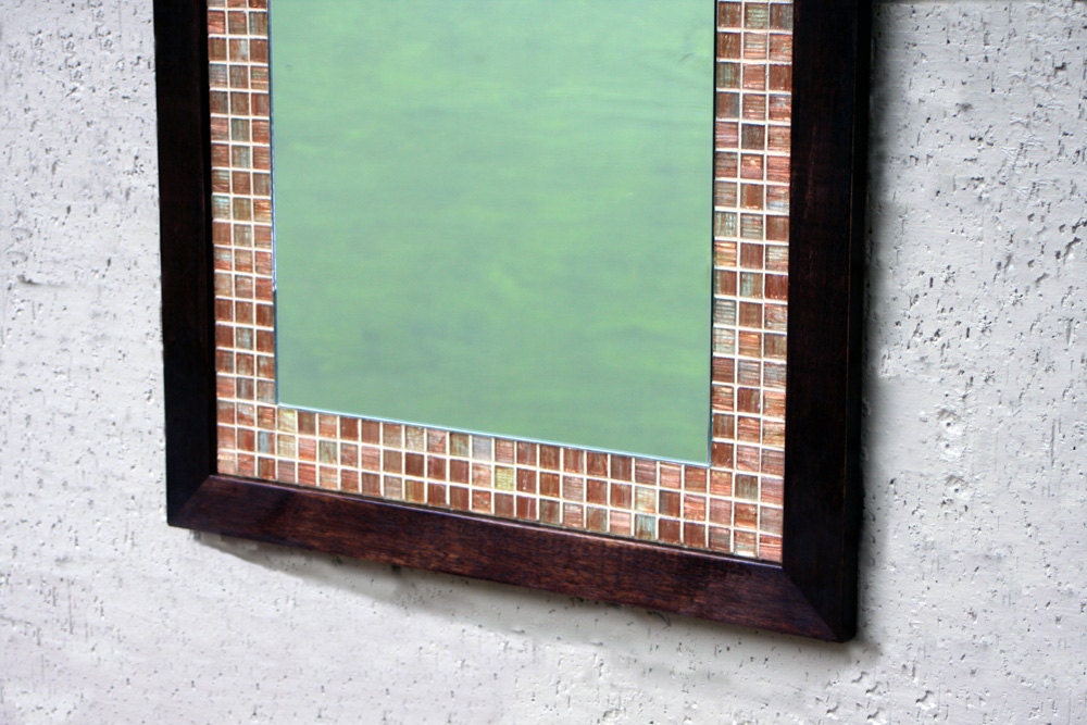 Glass Mosaic Tile Framed Mirror, Dark Brown Finish, 26 x 36 - Handmade