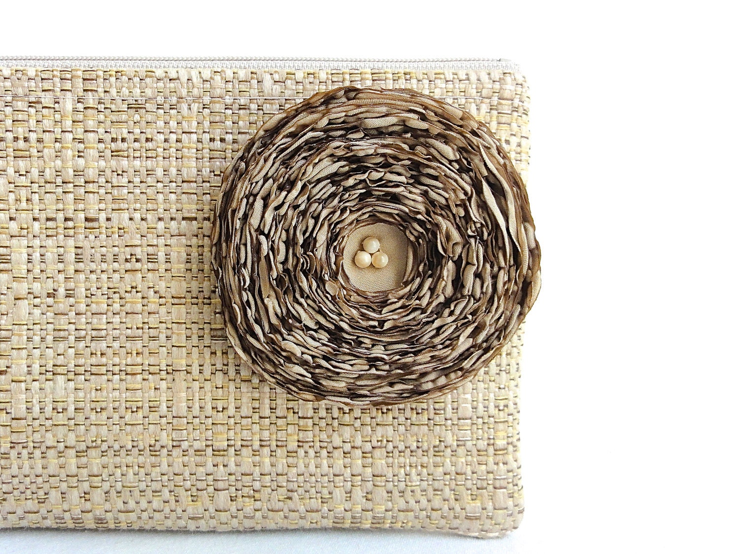 Tan Woven Clutch Handbag / Khaki Fabric Flower