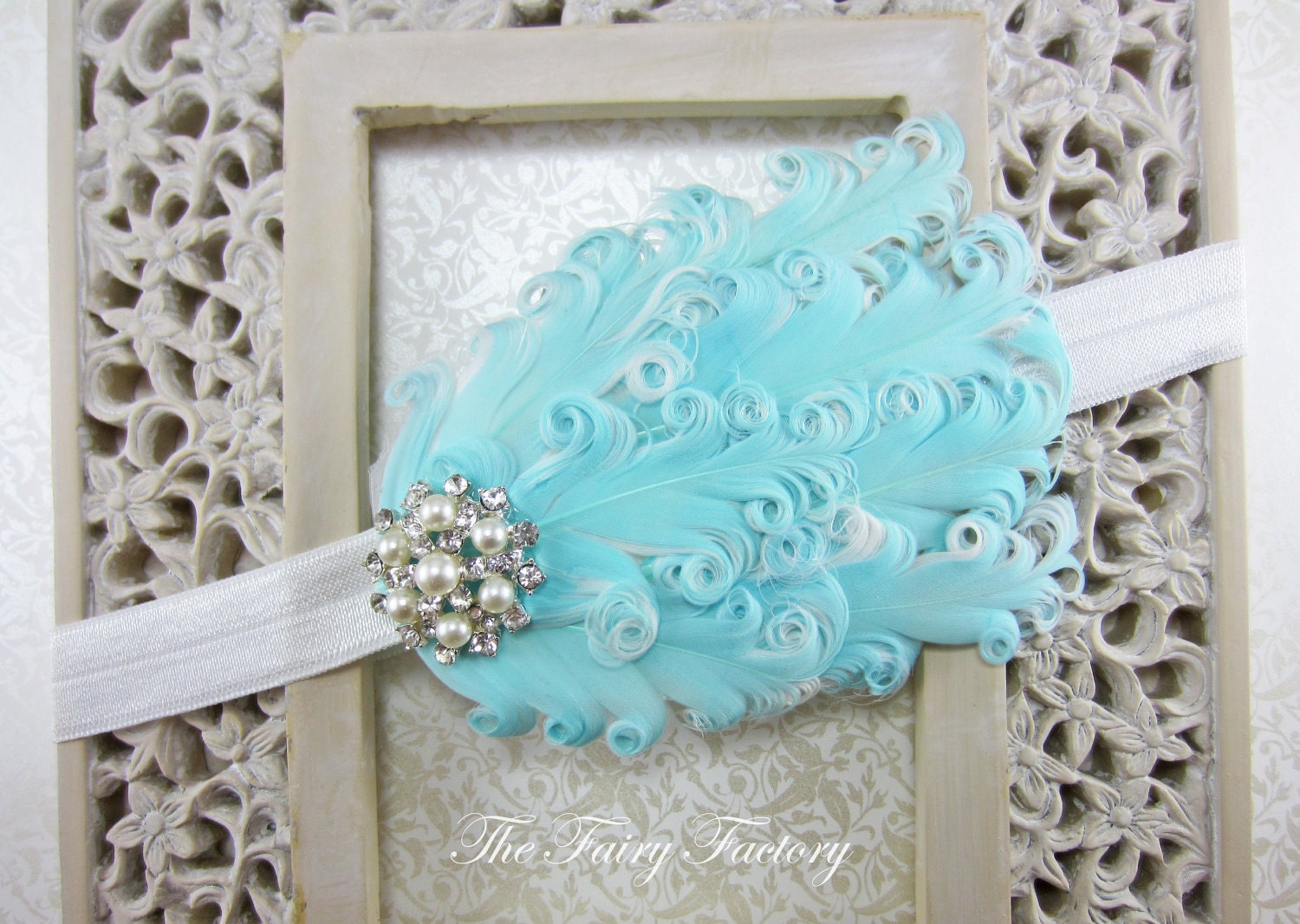 Feather Headband - Baby Blue and White Feather Headband w/ Pearl & Crystal Accent - Baby Toddler Child Girls Headband Adult