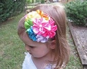 Satin Flower Headband - Rainbow Satin Flowers with Pearls Stretchy Headband - The Grace - Baby Toddler Child Girls Headband