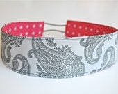 READY to SHIP Handmade Reversible Soft "WIDE" Headband - Cherry Red Dots with Gray Paisley