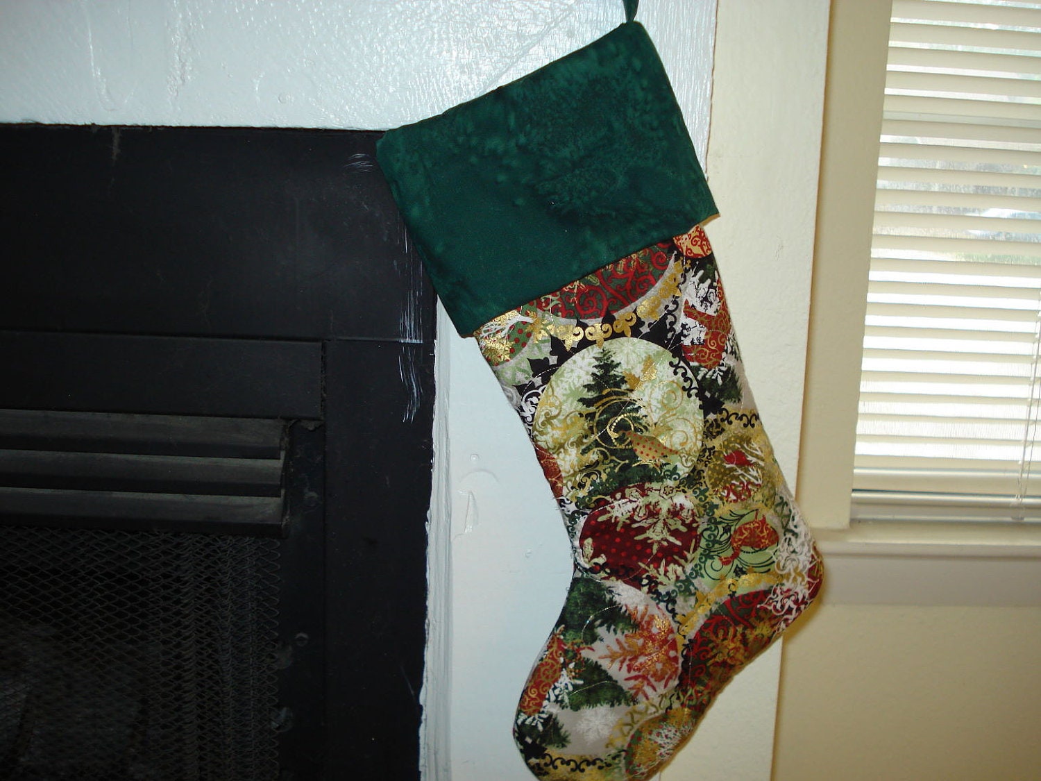 Green Red and Gold Quilted Christmas Stocking with Green batik cuff