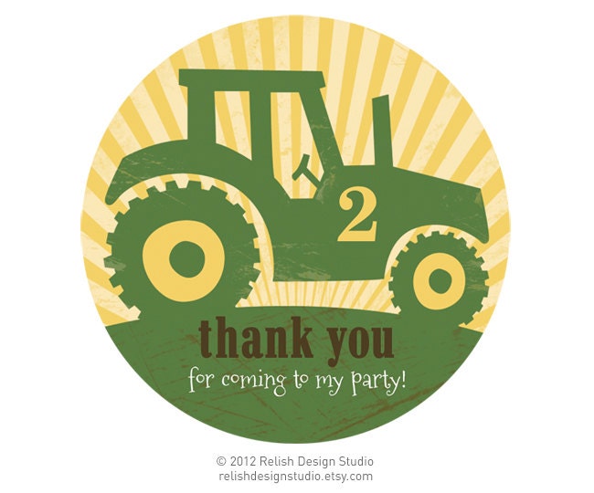 Big Green Tractor Round Favor Stickers -- 2.5" circle