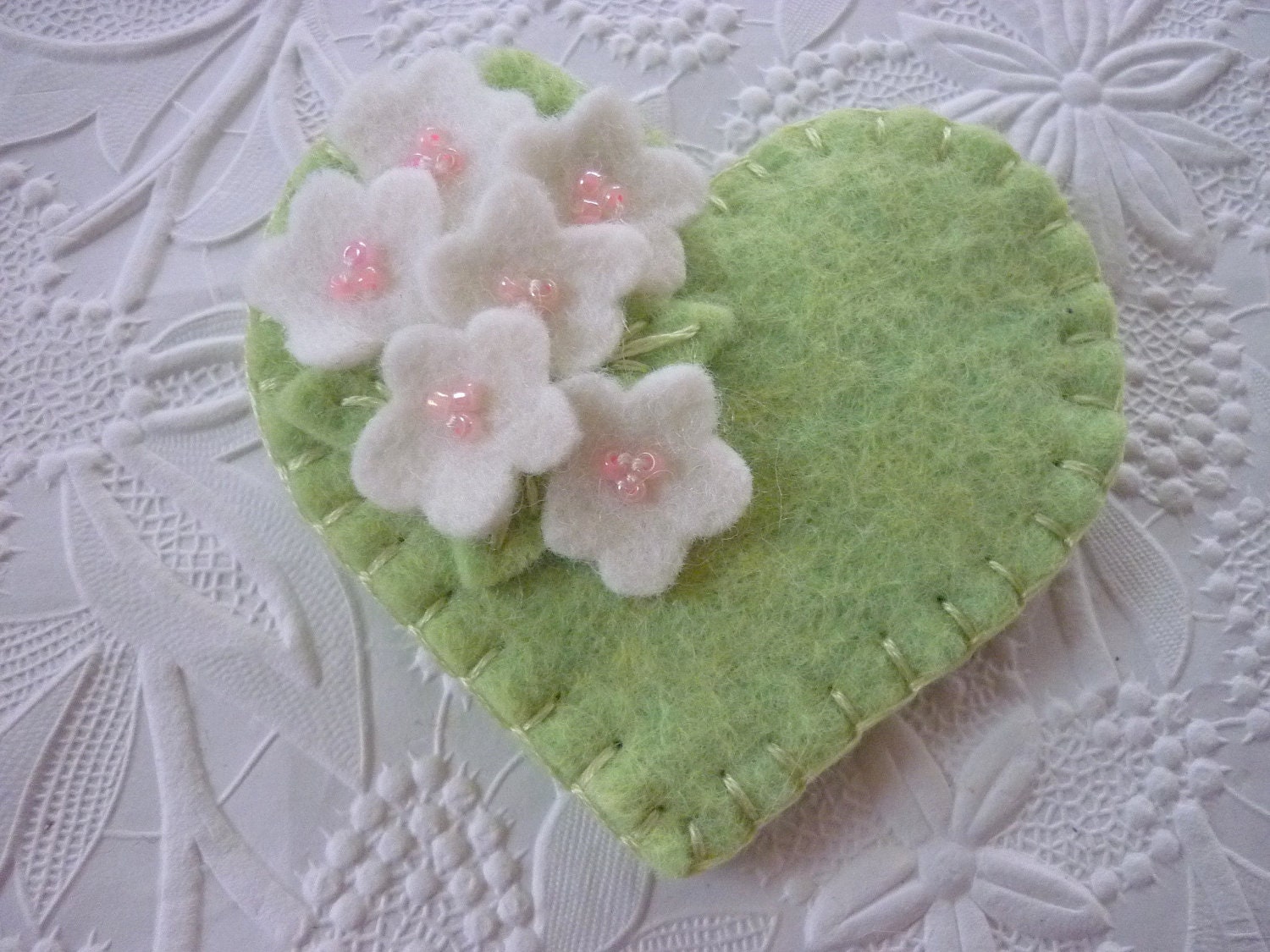 Felt Flower Brooch Heart with Beaded Flowers Spring
