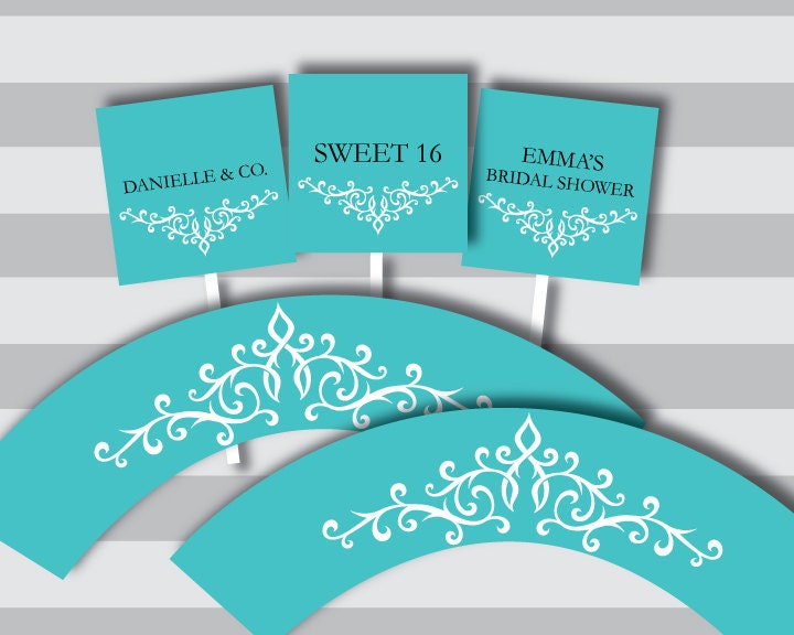 PRINTABLE PDF Robins Egg Blue Bridal Shower or Birthday Party DIY Cupcake Toppers and Wrappers Il_170x135