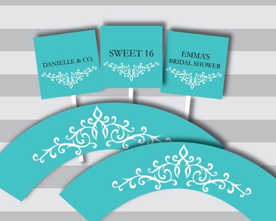 PRINTABLE PDF Robins Egg Blue Bridal Shower or Birthday Party DIY Cupcake Toppers and Wrappers Il_570xn