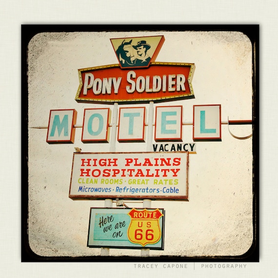 Whimsical Route 66 Photography - Retro Motel Sign Decor - The Pony Soldier - vintage motel sign, tomato red, teal blue, Route 66