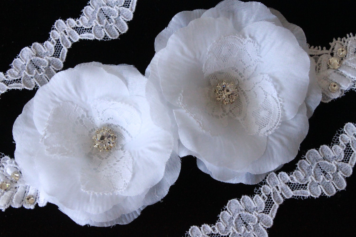 SASH or HEADBAND White Silk Flower with Pearls and Lace w.