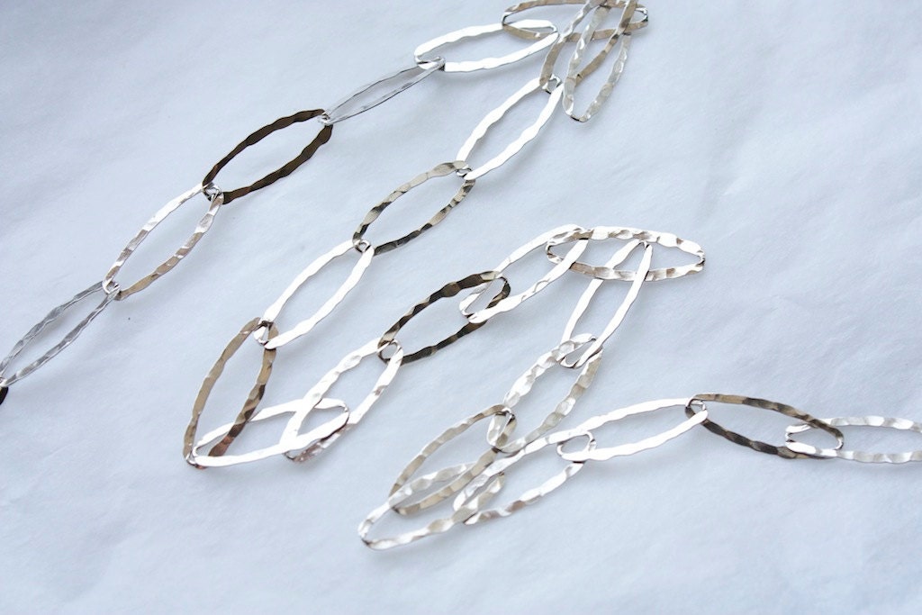 3 Feet Italian Sterling Silver Rhodium Plated Chain / Elongated Hammered Oval Links
