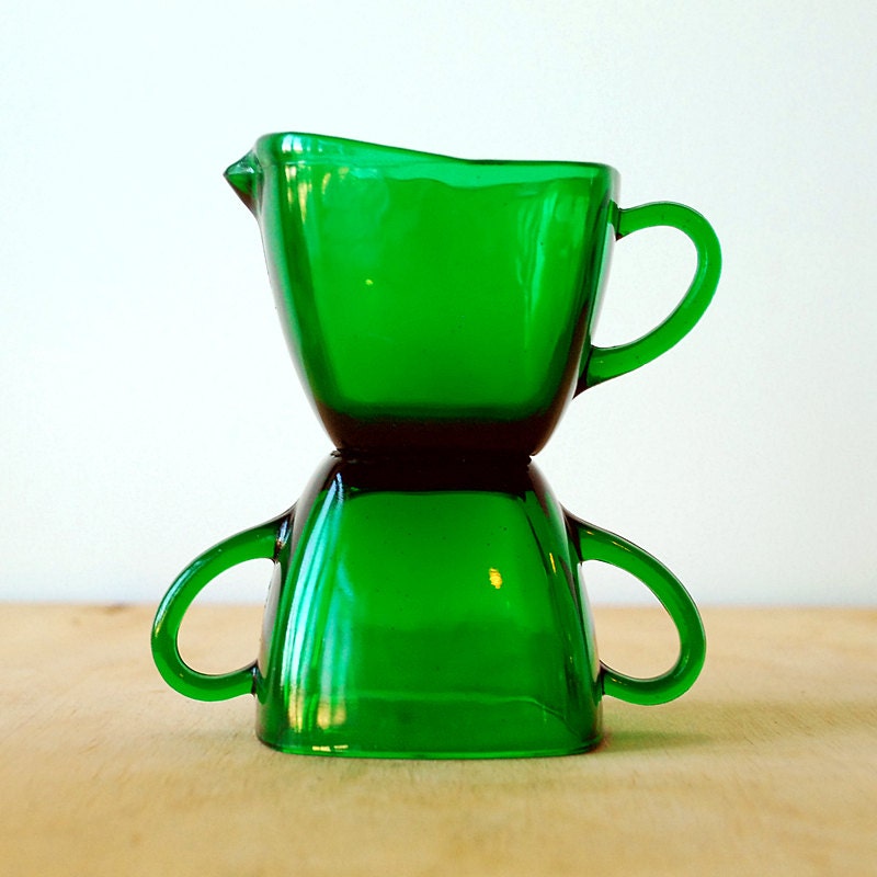 1950's Green Glass Creamer and Sugar Set - FireKing Charm Pattern