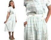 1970s skirt blouse, 70s plaid skirt and blouse, turquoise white, dotted swiss, babydoll style, 70s summer dress, Size M