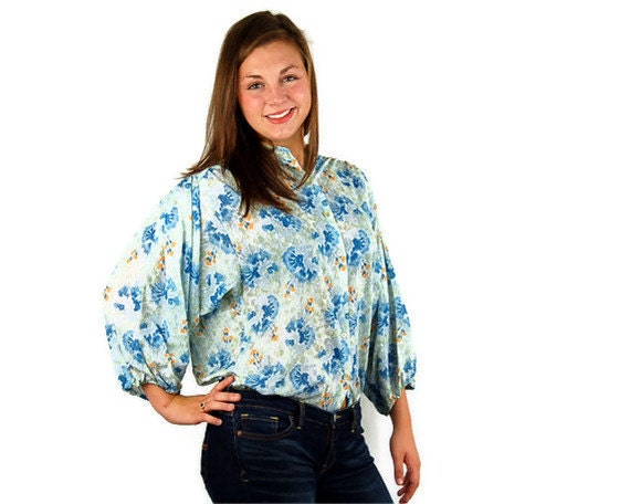 1970s smock top, oversized blouse, artists shirt, blue green, 1970s floral blouse, Size M/L/XL