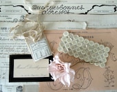 Vintage french ephemera collection- old handwritten bills, monogram,buttons and fabric sample.