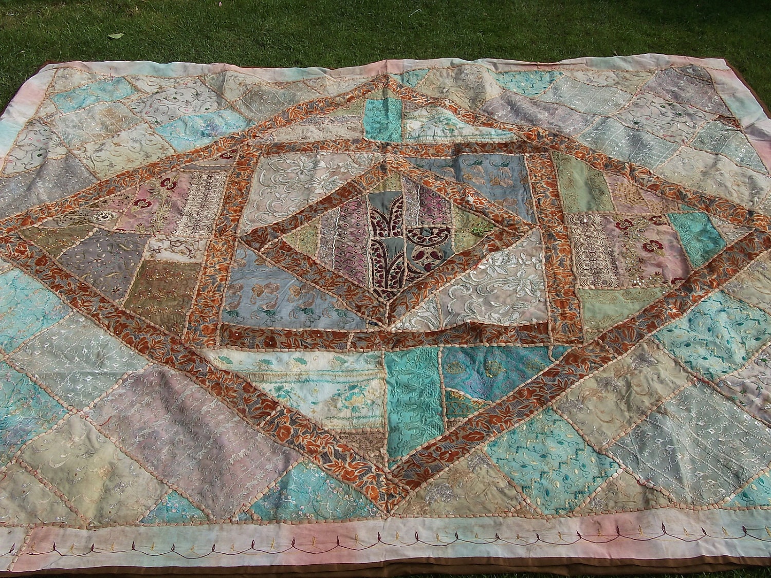 Beautiful Pale Sparkly 8 x 6 Handmade Patchwork embroidered Bed Cover/Quilt/throw.