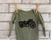 Motorcycle Baby Onesie,  long sleeve onesie dyed olive drab or custom colors