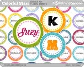 2 Inch Circles - Editable PDF (8x10) - Colorful Stars Digital Collage Sheet (No. 206B) - Buy 2 Get 2 Free - Stickers, Buttons, Magnets
