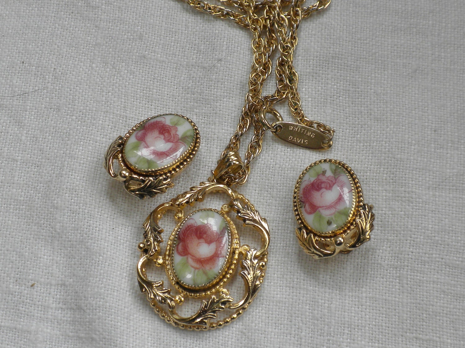 Whiting and Davis Pink Cameo Necklace Earrings