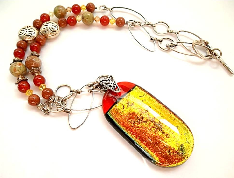 Dichroic Fused Glass Necklace/Gemstone Necklace/ Fused Glass Pendant/ Red, Orange, Silver, Goldstone, Carnelian