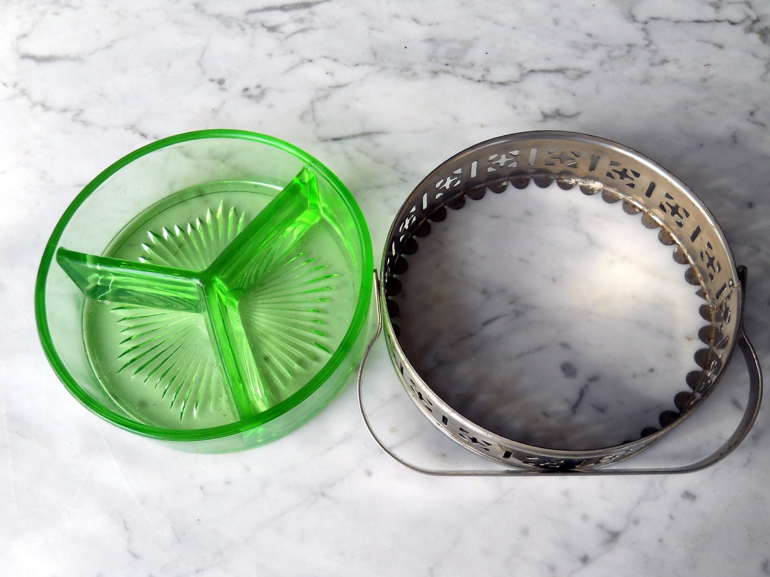 Green Relish Server // Divided With Pierced Metal Basket