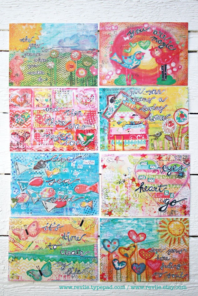 8 unique mixed media Postcards / 8 unieke mixed media ansichtkaarten