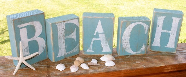 BEACH shelf sitter blocks Seamist Blue with Vintage White Lettering