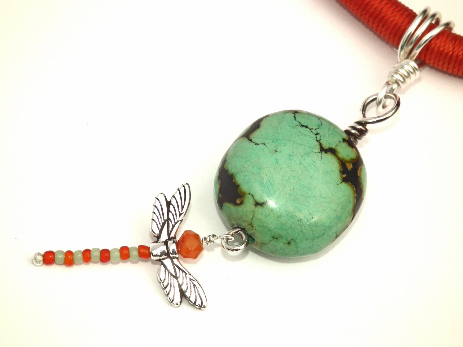 Turquoise Dragonfly Pendant Wrapped Cord Necklace with Carnelian and Sterling Accents