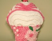 Custom order for Rosemarie   Vintage Chenille Cupcake Pillow Bright Pink and White Swirly Icing