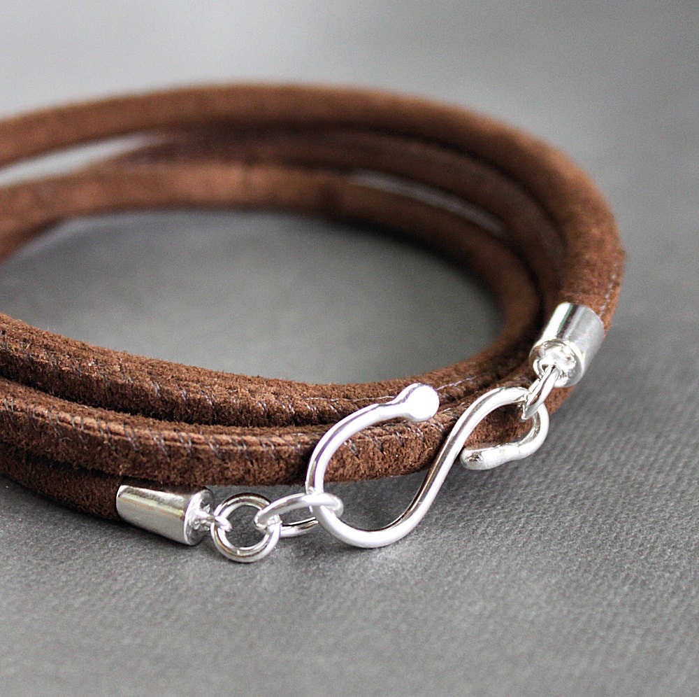 Suede Leather Wrap Bracelet Sterling Silver Hook Brown Custom Sized