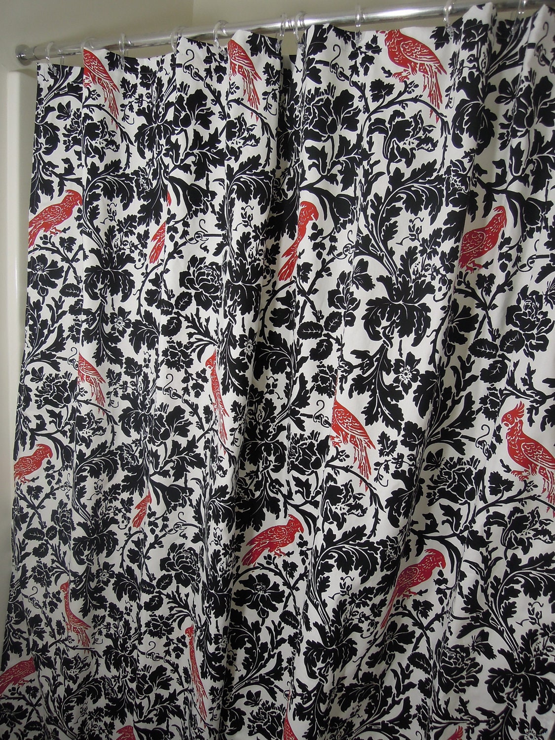 72x72 Shower curtain Black White Red Floral/Birds by thefarley4