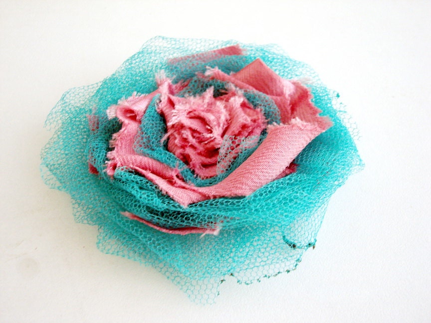 Shaby Chic Frayed Pink Turquoise Tulle Floral  Brooch  gift her Under 25