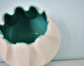 vintage White and Turquoise textured Royal Haeger Bowl - scalloped edges