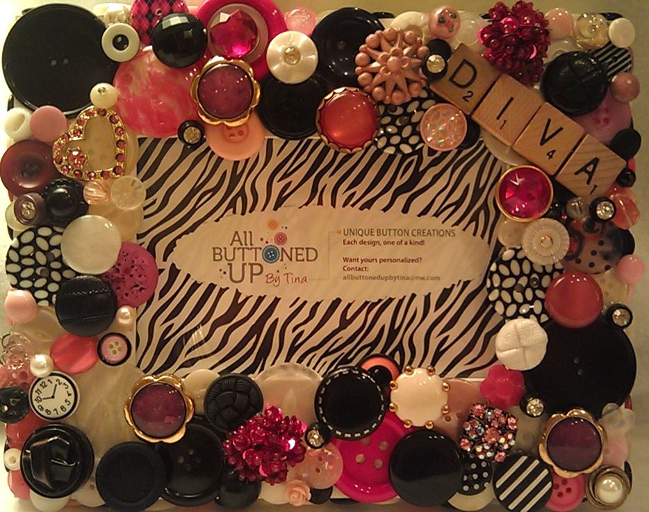 Diva Theme Pink, Black & White Button Picture Frame for 4"x6" photo