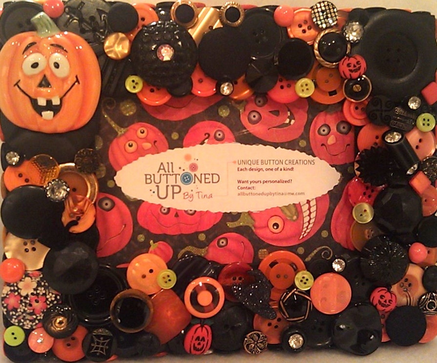 RESERVED For Melanie - Halloween Button Picture Frame in Orange, Black and Lime for 4"x6" Photo