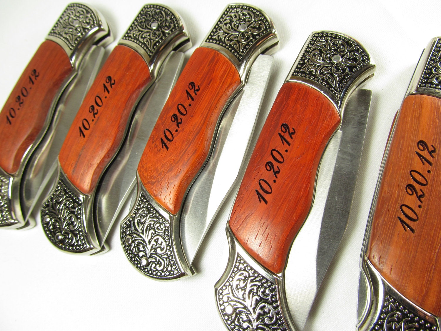 Set of 6 Personalized Engraved Rosewood Handle Pocket Hunting Knife Knives Groomsman Best Man Ring Bearer Gift