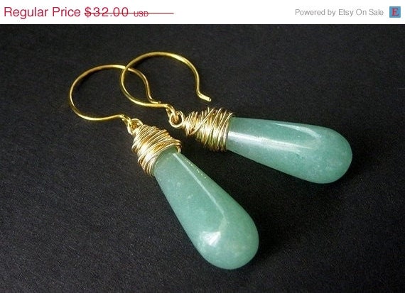 SUMMER SALE - Wire Wrapped Green Aventurine Gemstone Earrings. Handmade Artisan Jewelry