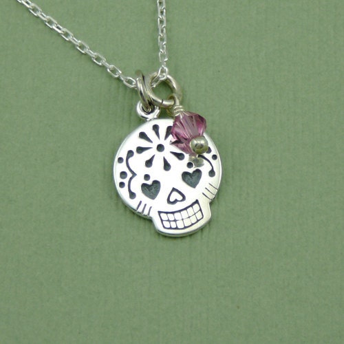 Sugar Skull Birthstone Crystal Necklace - sterling silver Day of the Dead pendant charm jewelry - gift