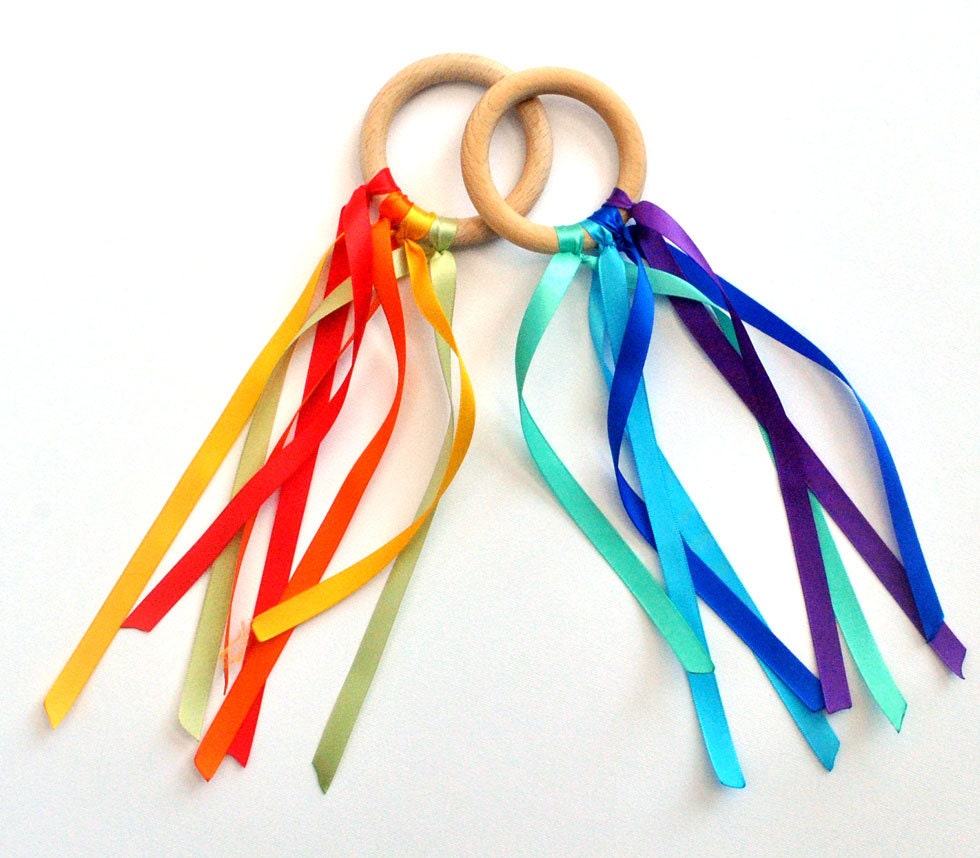 twoo waldorf Dancing Wood Fairy Ring with rainbow Ribbon. BEACH, Wedding, children Birthday Party Favor