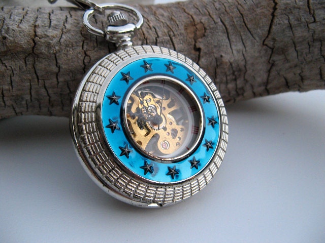 Silver Blue Star Mechanical Pocket Watch with Watch Chain - Pocket Watch - Victorian Steampunk - Groomsmen Gift - Item MPW198