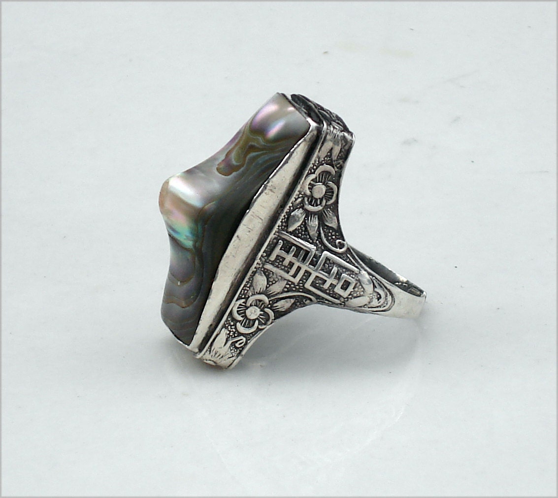 Art Deco Sterling Silver Asian Blister Pearl Ring