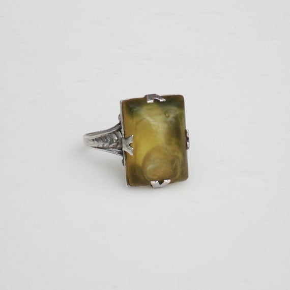 Art Deco Sterling Silver Uncas Ring with Olive Lucite Stone
