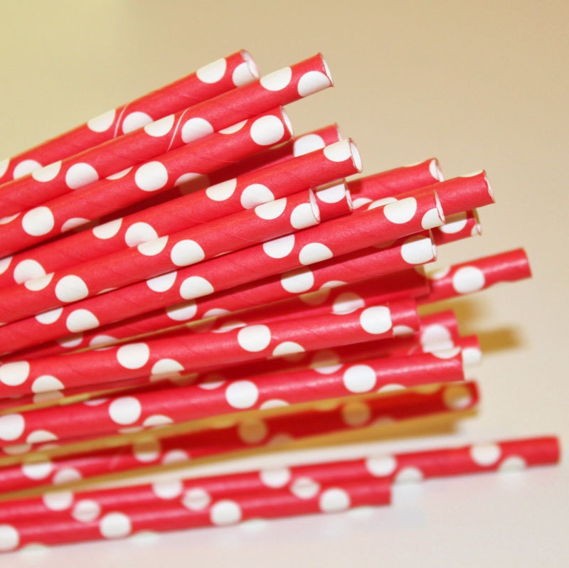 25 Solid RED  / WHITE Dot Paper Straws, Christmas Parties, Pirate Parties, Wedding, Graduation, with DIY Printable Straw Flags