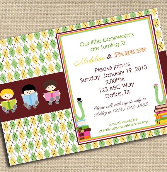 School Book Worm Party Invitation - PRINTABLE - Back To School - By A Blissful Nest Il_570xn