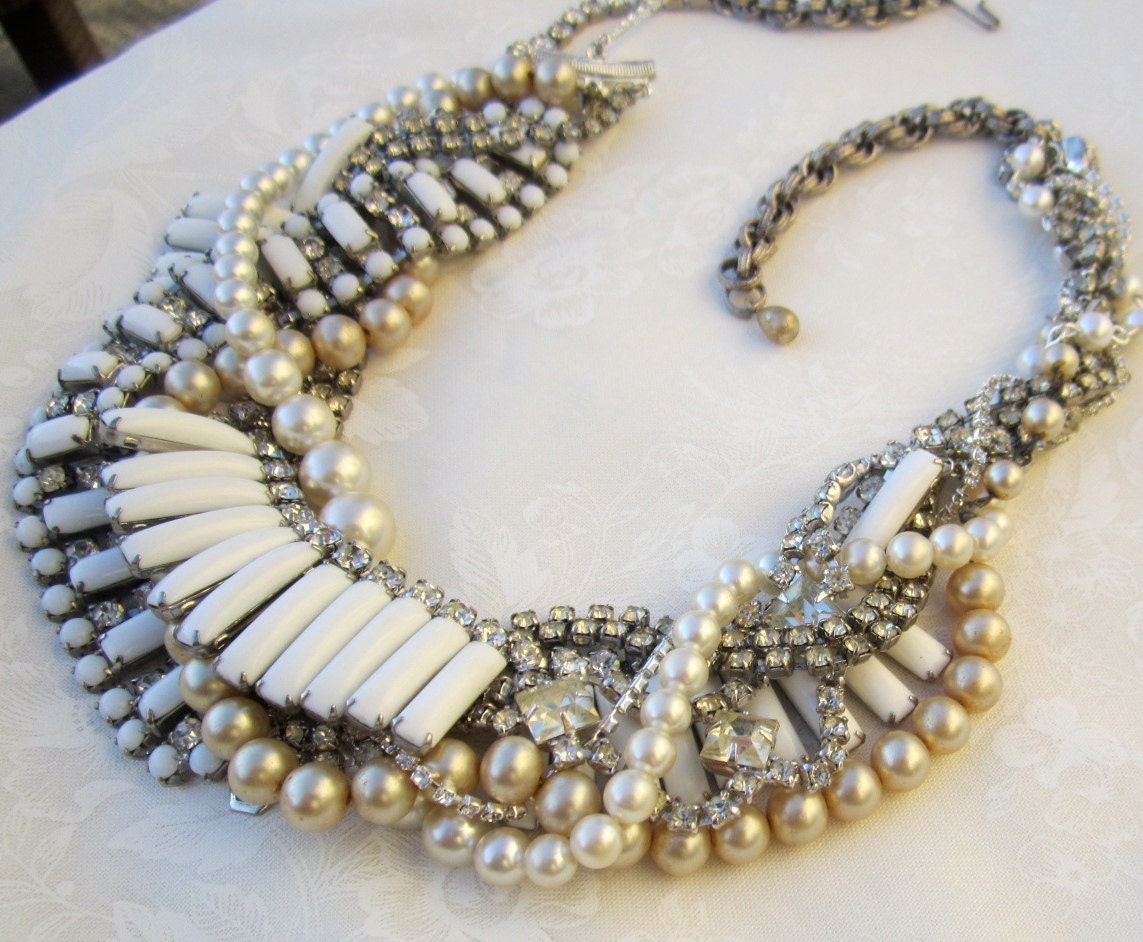 White Bridal Statement Necklace Wedding Jewelry Rhinestone Pearl Chunky Vintage Wedding - On the Rocks With A Twist (Tom Binns Inspired)