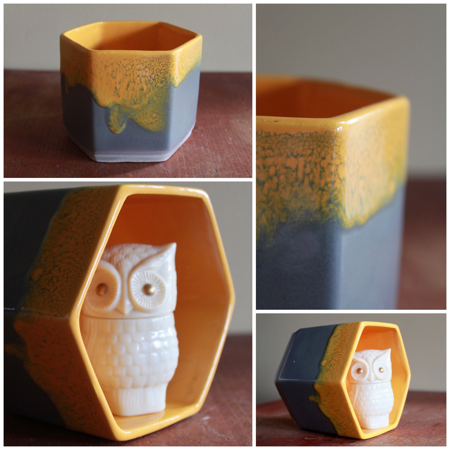 Vintage Ceramic Hexagonal Planter - Dip and Dye Yellow Grey Color