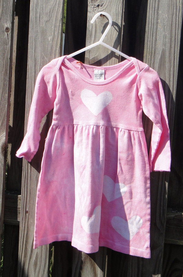 Baby Girls Dress: Pink with Batik Hearts, Long Sleeves (12 months) READY TO SHIP