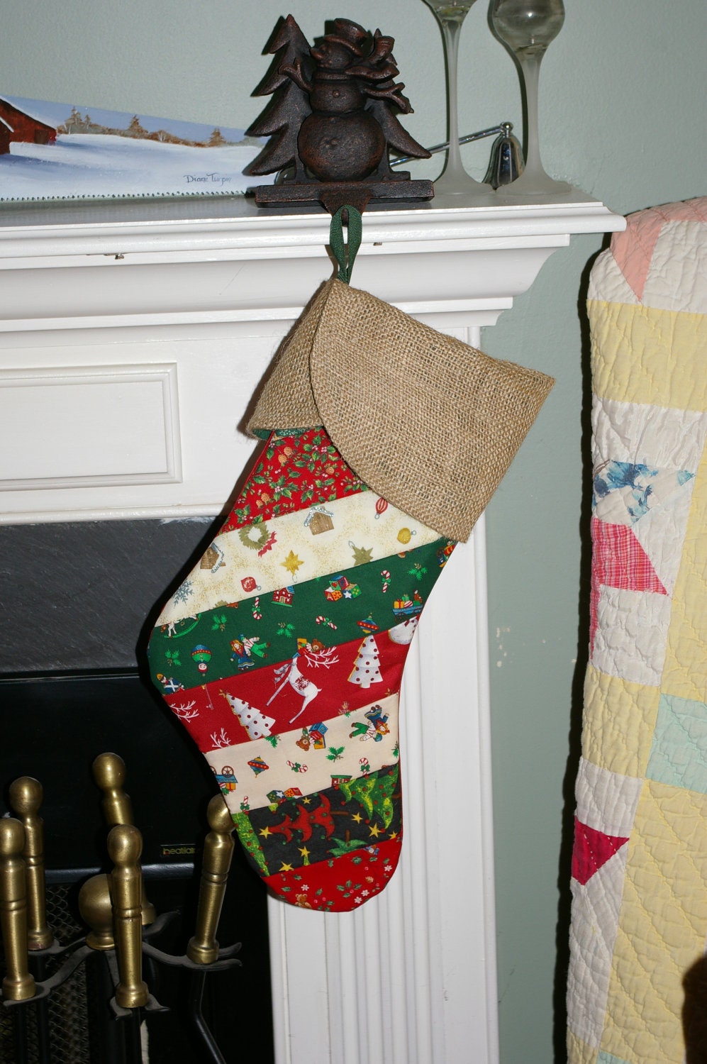Christmas Stocking - Burlap Cuff & Strip Quilted in Holiday Fabric